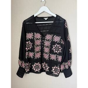 Sundance Catalog Tresor Bloom Top Black Size Small Embroidered Boho Floral Lace